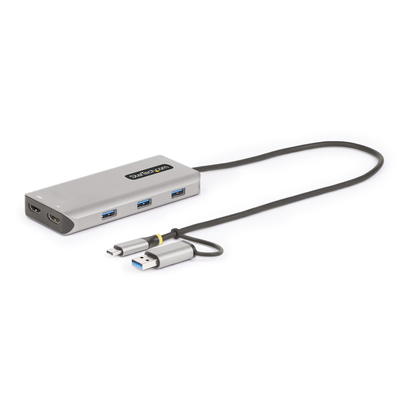 StarTech.com USB-C Multiport Adapter w/Attached USB-C to USB-A Dongle, Dual HDMI (4K30Hz/1080p60Hz), 3x USB-A 5Gbps, Mini Travel