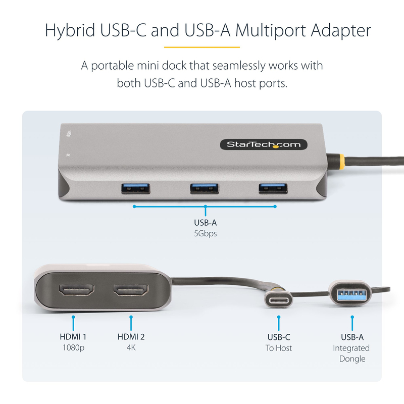 StarTech.com USB-C Multiport Adapter w/Attached USB-C to USB-A Dongle, Dual HDMI (4K30Hz/1080p60Hz), 3x USB-A 5Gbps, Mini Travel - Image 4