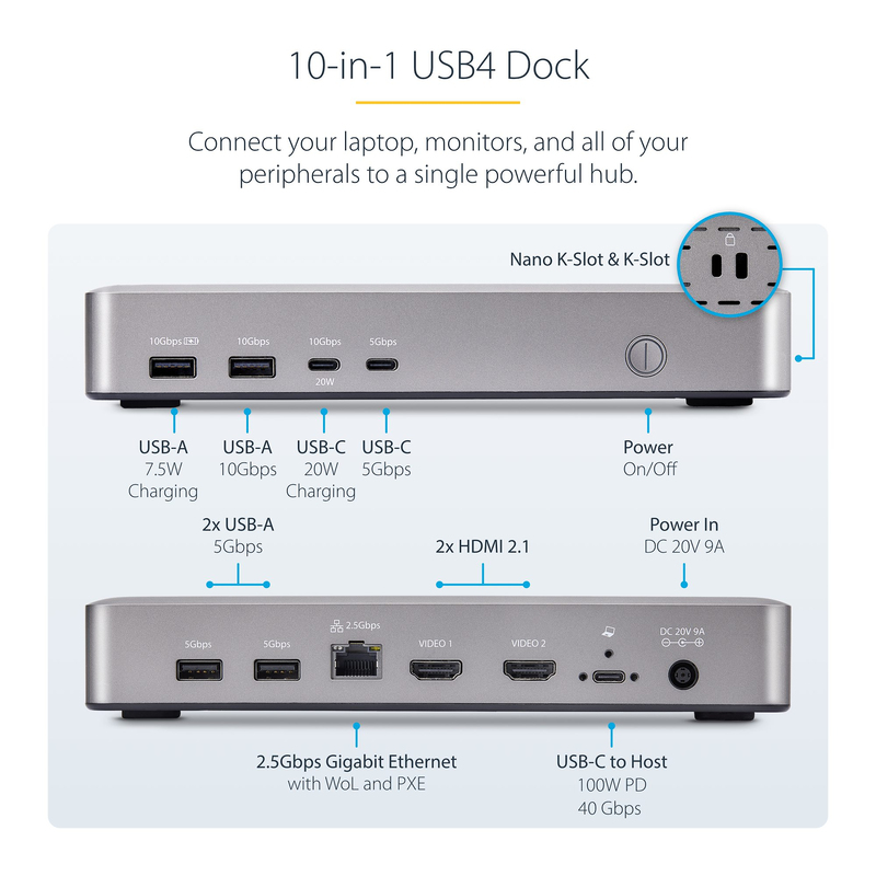 StarTech.com Dual-Monitor USB4 Docking Station, Dual 4K 120Hz or Single 8K 60Hz HDMI, 100W Laptop Charging, 2.5GbE, USB-C Multi- - Image 3